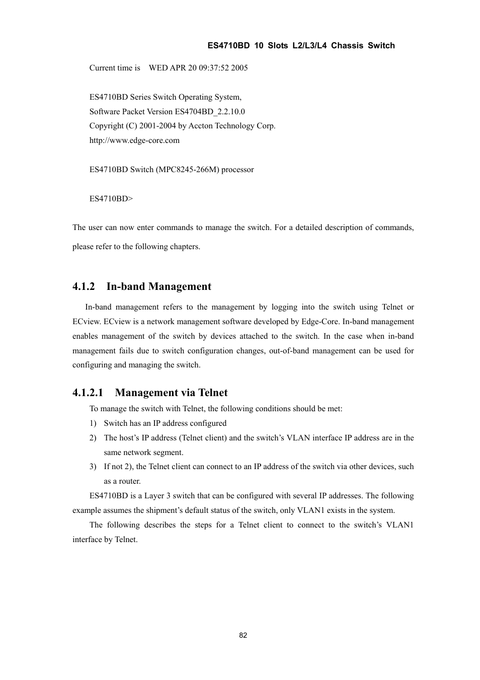 2 in-band management, 1 management via telnet | Accton Technology ES4710BD User Manual | Page 83 / 547