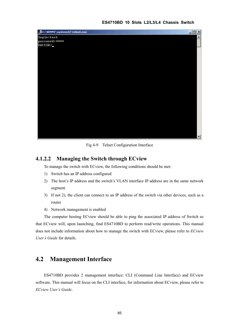 2 management interface, 2 managing the switch through ecview | Accton Technology ES4710BD User Manual | Page 86 / 547