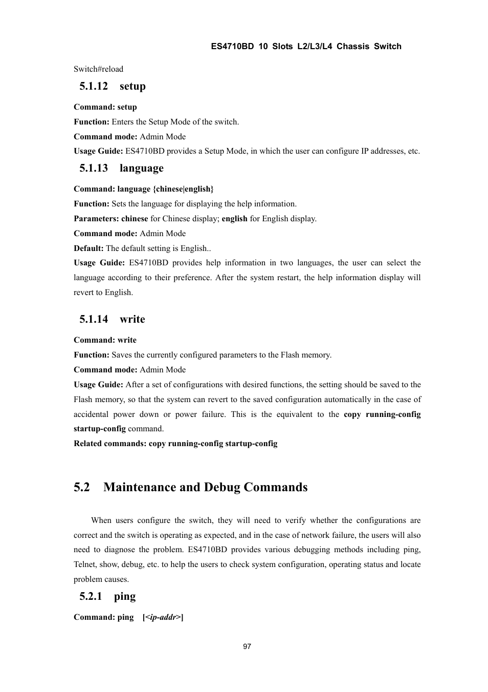 2 maintenance and debug commands, 12 setup, 13 language | 14 write, 1 ping | Accton Technology ES4710BD User Manual | Page 98 / 547