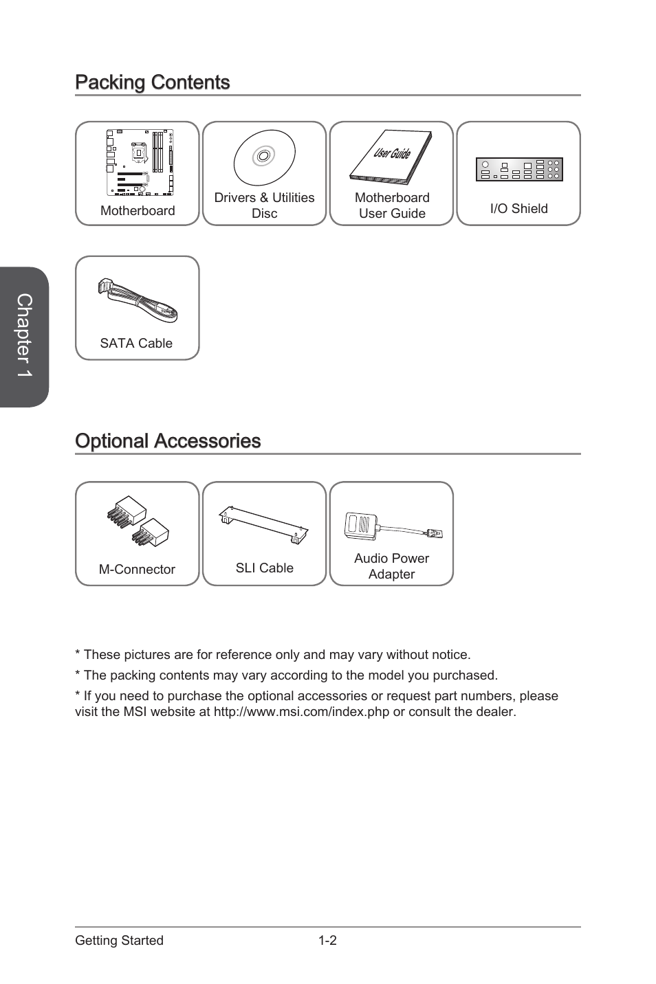 Packing contents -2 optional accessories -2, Chapter 1, Packing contents | Optional accessories | MSI Z97M GAMING User Manual | Page 16 / 108