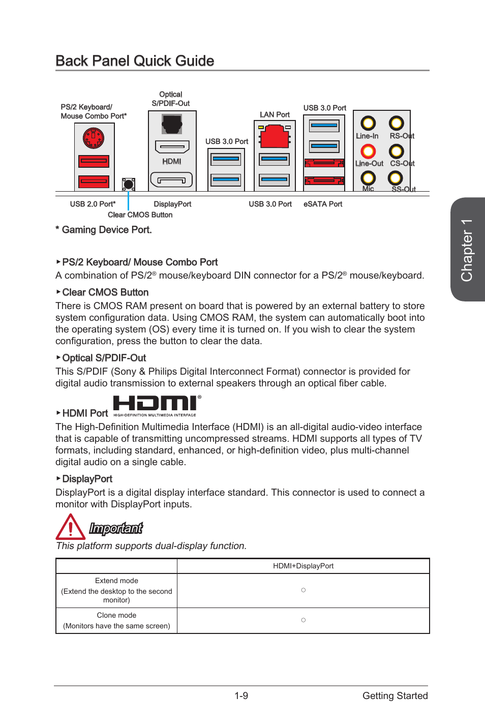 Back panel quick guide -9, Chapter 1, Back panel quick guide | Important | MSI Z97M GAMING User Manual | Page 23 / 108