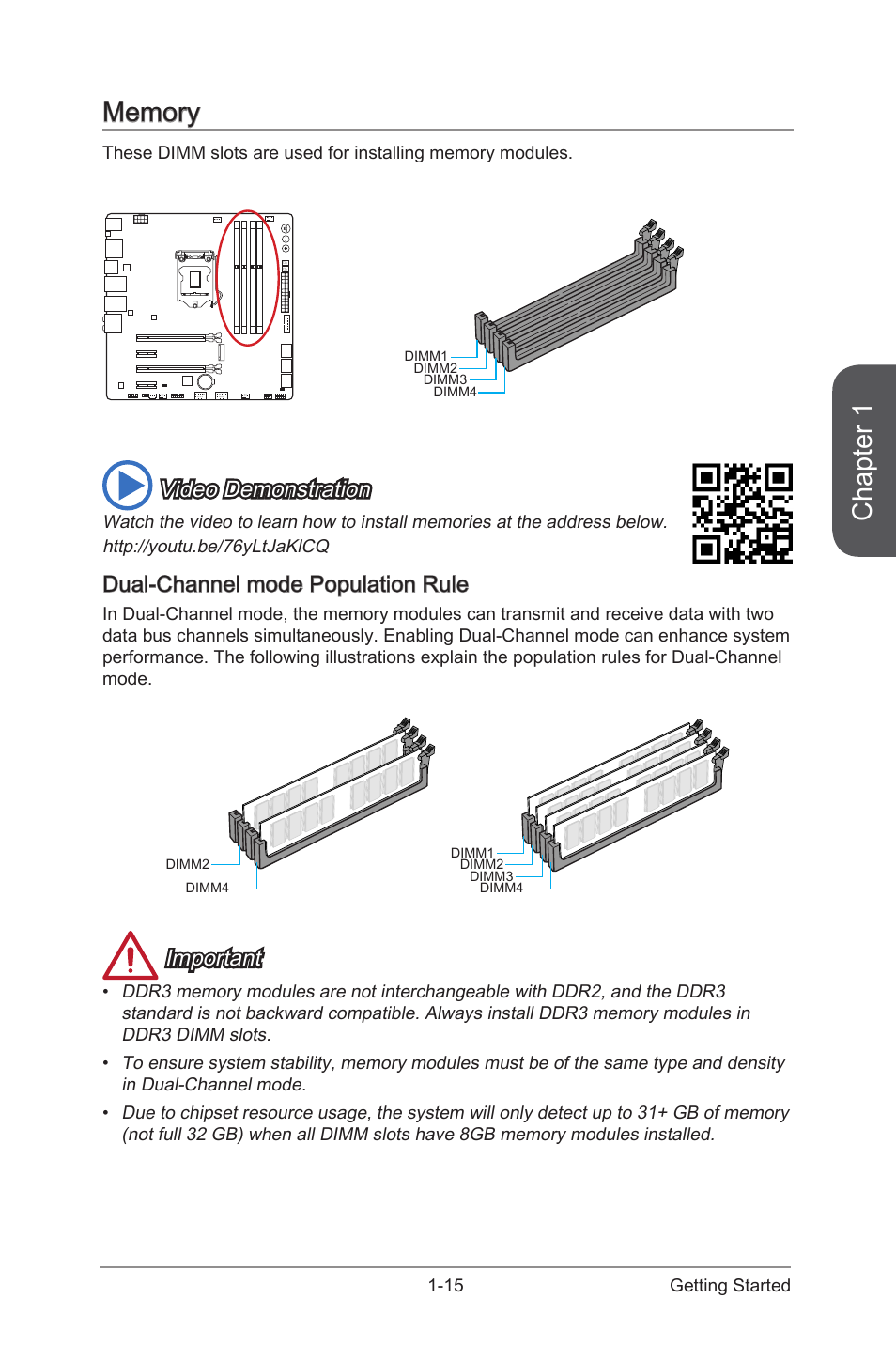 Memory -15, Dual-channel mode population rule -15, Chapter 1 | Video demonstration, Dual-channel mode population rule, Important | MSI Z97M GAMING User Manual | Page 29 / 108
