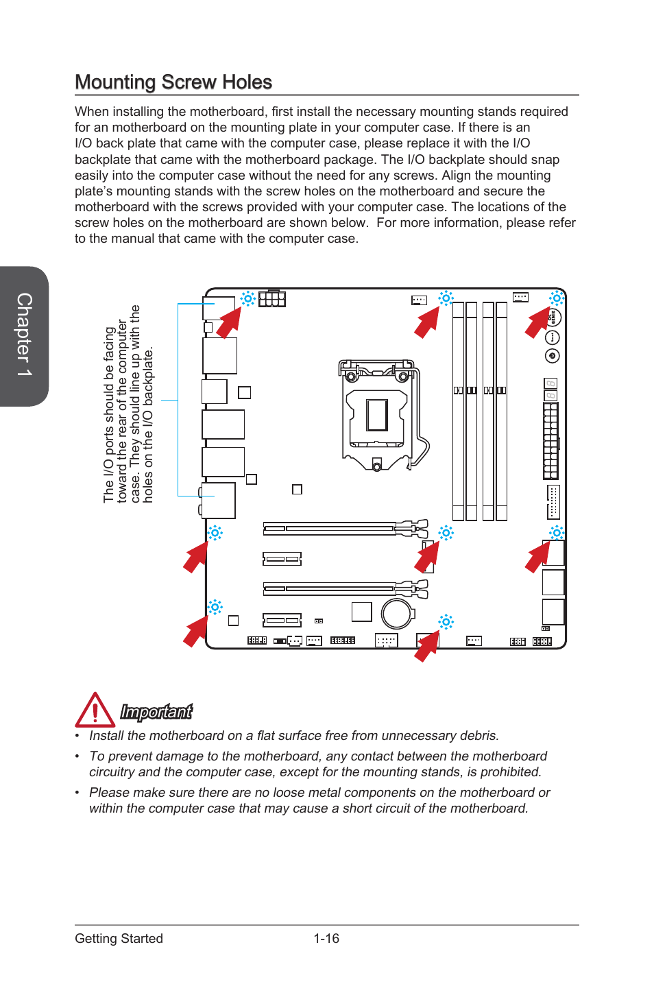 Mounting screw holes -16, Chapter 1, Mounting screw holes | Important | MSI Z97M GAMING User Manual | Page 30 / 108