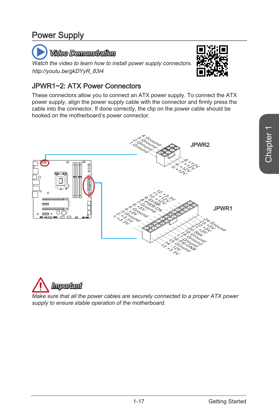Power supply -17, Jpwr1~2: atx power connectors -17, Jpwr1~2 | Atx power connectors, Chapter 1, Power supply, Video demonstration, Jpwr1~2: atx power connectors, Important | MSI Z97M GAMING User Manual | Page 31 / 108