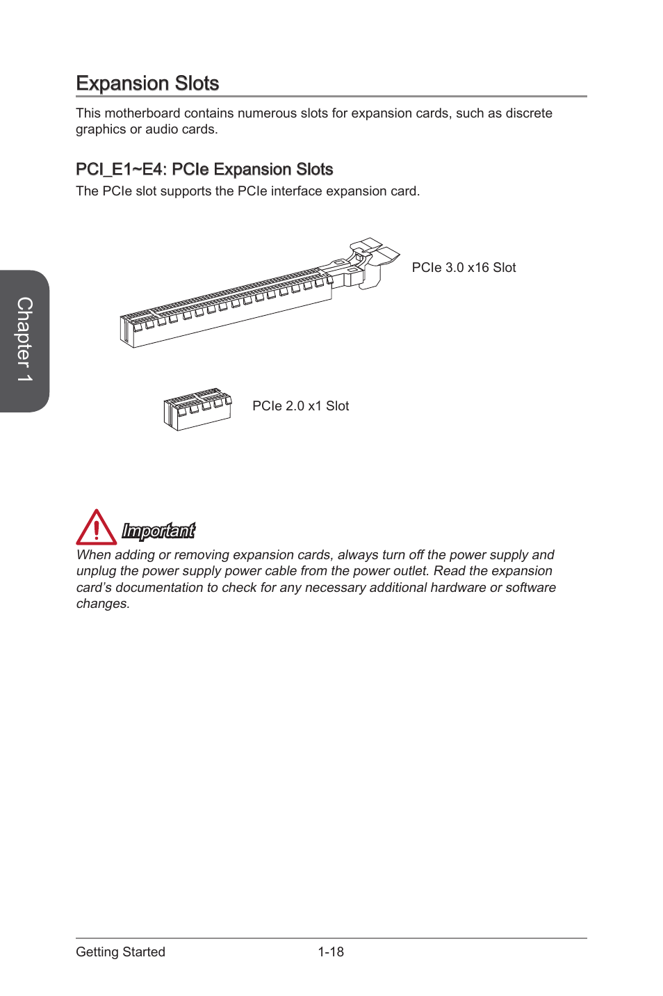 Expansion slots -18, Pci_e1~e4: pcie expansion slots -18, Pci_e1~e4 | Pcie expansion slots, Chapter 1, Expansion slots | MSI Z97M GAMING User Manual | Page 32 / 108