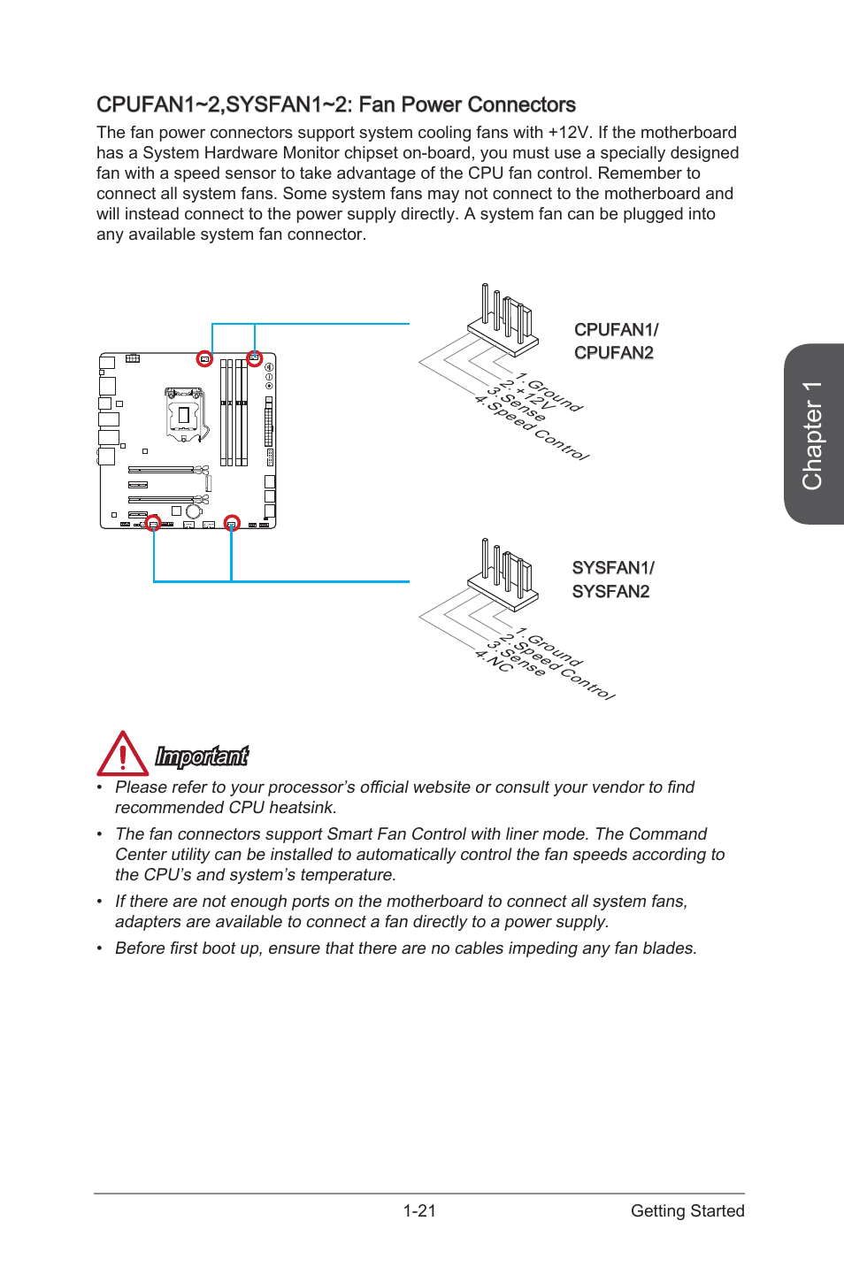 Cpufan1~2,sysfan1~2: fan power connectors -21, Cpufan1~2,sysfan1~2 fan power connectors, Chapter 1 | Cpufan1~2,sysfan1~2: fan power connectors, Important | MSI Z97M GAMING User Manual | Page 35 / 108