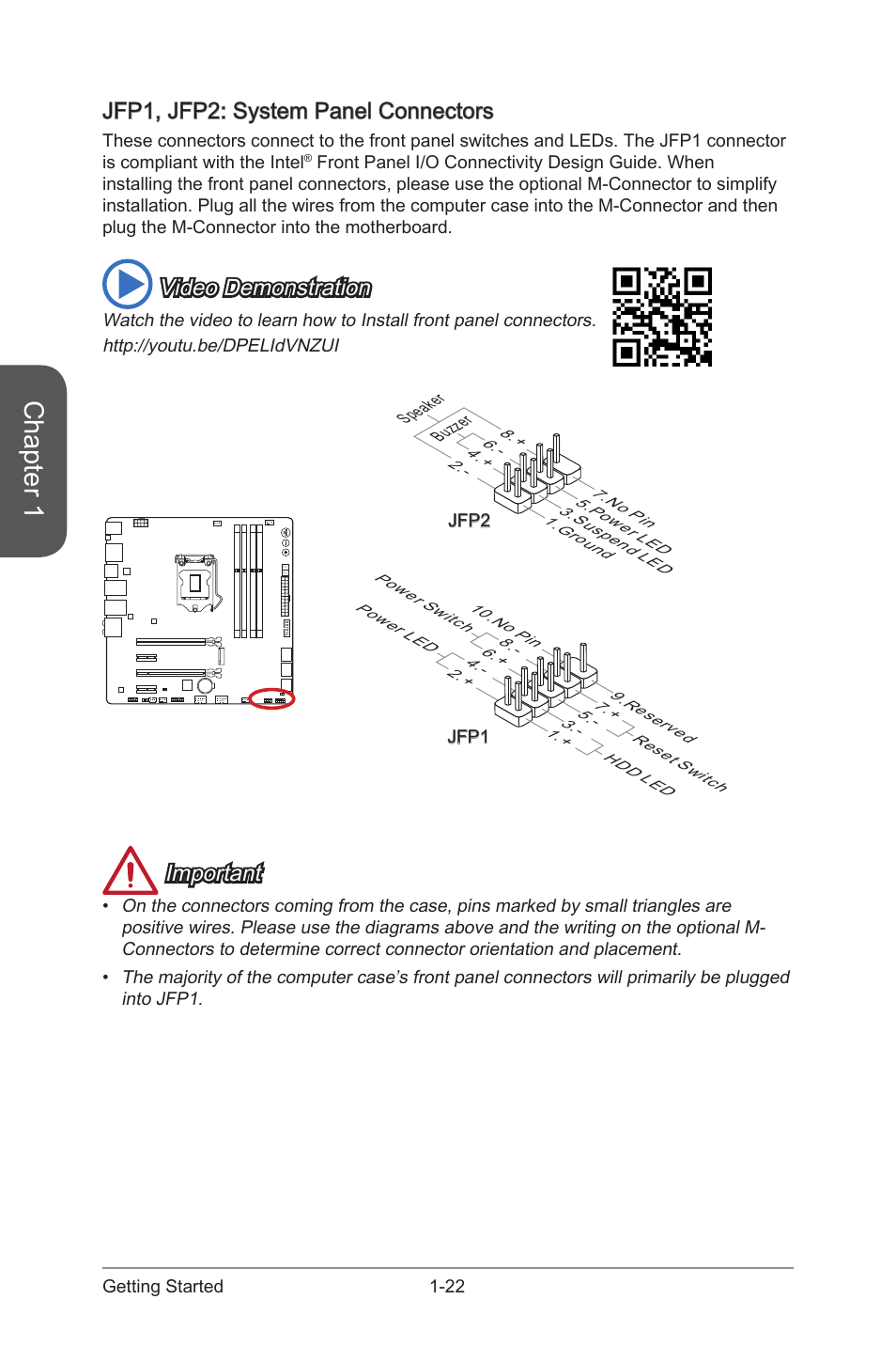 Jfp1, jfp2: system panel connectors -22, Jfp1, jfp2, System panel connectors | Chapter 1, Jfp1, jfp2: system panel connectors, Video demonstration, Important | MSI Z97M GAMING User Manual | Page 36 / 108