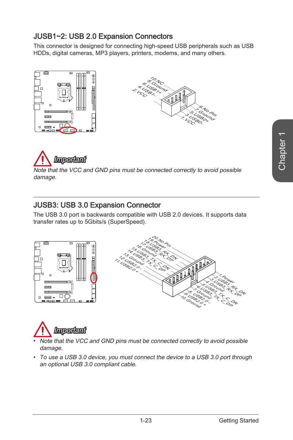 Jusb1~2, Usb 2.0 expansion connectors, Jusb3 | Usb 3.0 expansion connector, Chapter 1, Jusb1~2: usb 2.0 expansion connectors, Important, Jusb3: usb 3.0 expansion connector, 23 getting started | MSI Z97M GAMING User Manual | Page 37 / 108