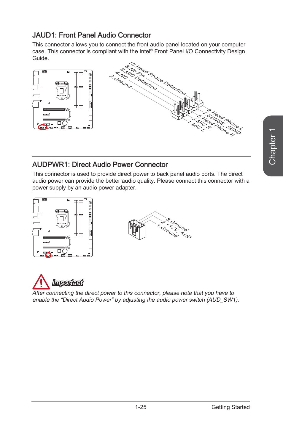 Audpwr1, Direct audio power connector, Jaud1 | Front panel audio connector, Chapter 1, Jaud1: front panel audio connector, Audpwr1: direct audio power connector, Important | MSI Z97M GAMING User Manual | Page 39 / 108