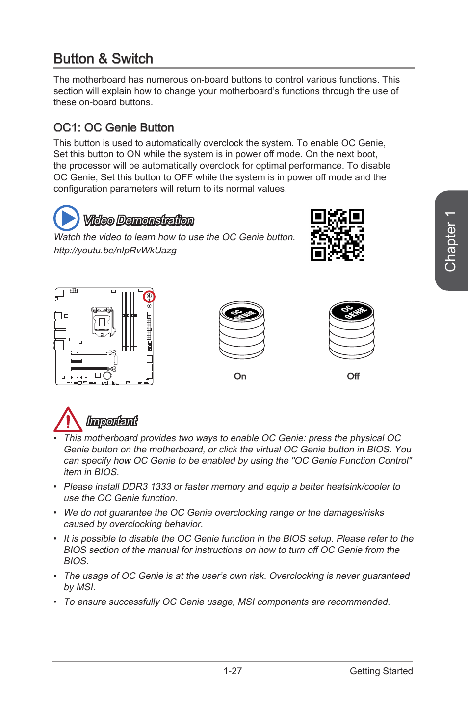 Button & switch -27, Oc1: oc genie button -27, Oc genie button | Chapter 1, Button & switch, Oc1: oc genie button, Video demonstration, Important | MSI Z97M GAMING User Manual | Page 41 / 108