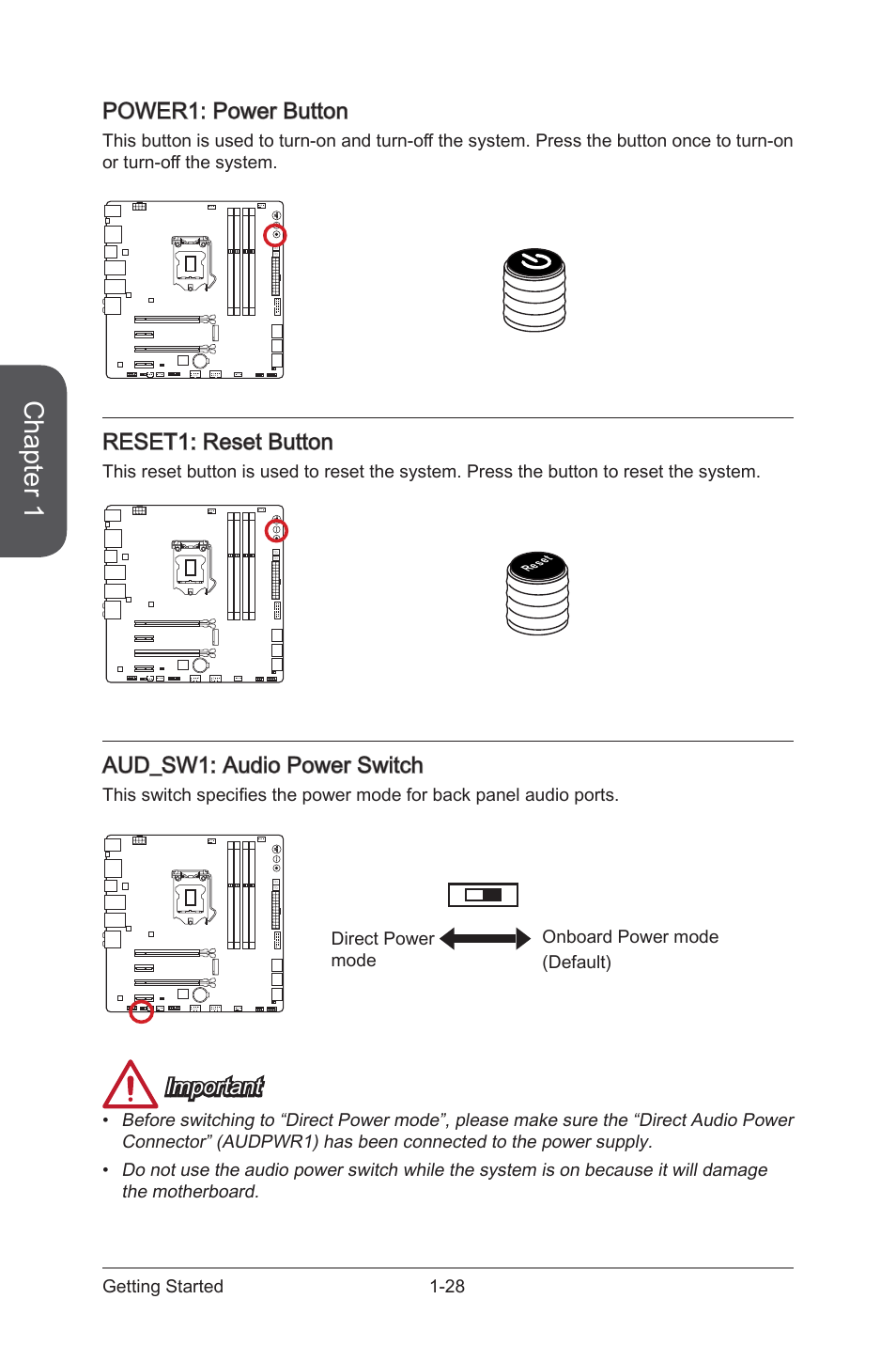 Aud_sw1, Audio power switch, Power1 | Power button, Reset1, Reset button, Chapter 1, Power1: power button, Reset1: reset button, Aud_sw1: audio power switch | MSI Z97M GAMING User Manual | Page 42 / 108