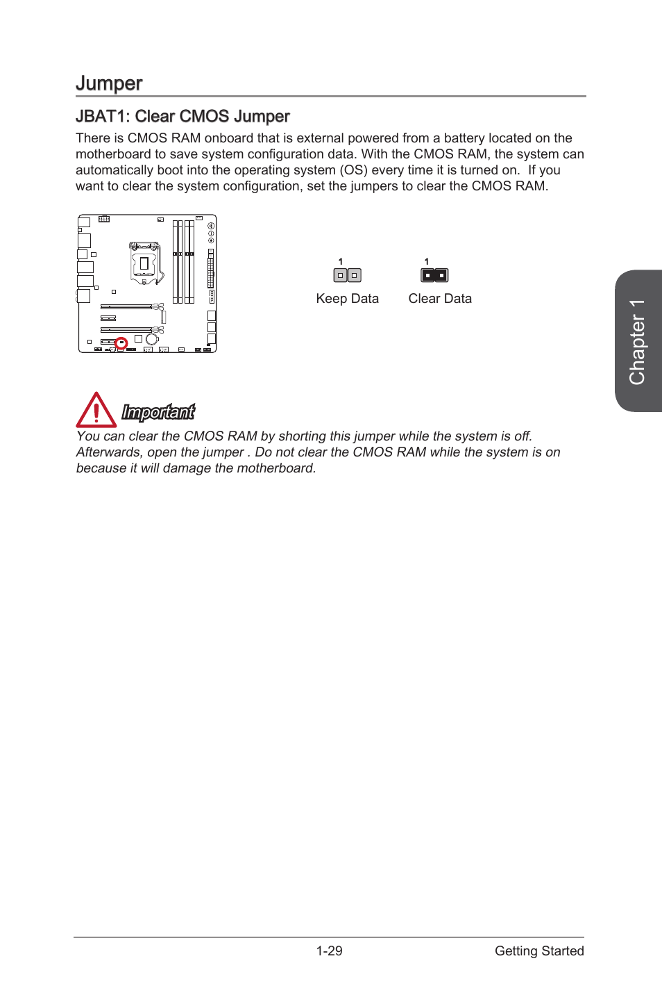 Jumper -29, Jbat1: clear cmos jumper -29, Jbat1 | Clear cmos jumper, Chapter 1, Jumper, Jbat1: clear cmos jumper, Important | MSI Z97M GAMING User Manual | Page 43 / 108