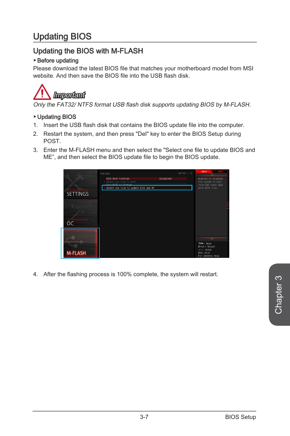 Updating bios -7, Updating the bios with m-flash -7, Chapter 3 | Updating bios, Updating the bios with m-flash, Important | MSI Z97M GAMING User Manual | Page 67 / 108