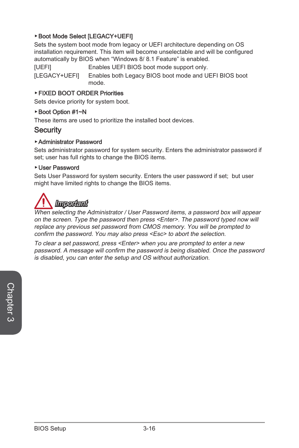 Security -16, Chapter 3, Security | Important | MSI Z97M GAMING User Manual | Page 76 / 108