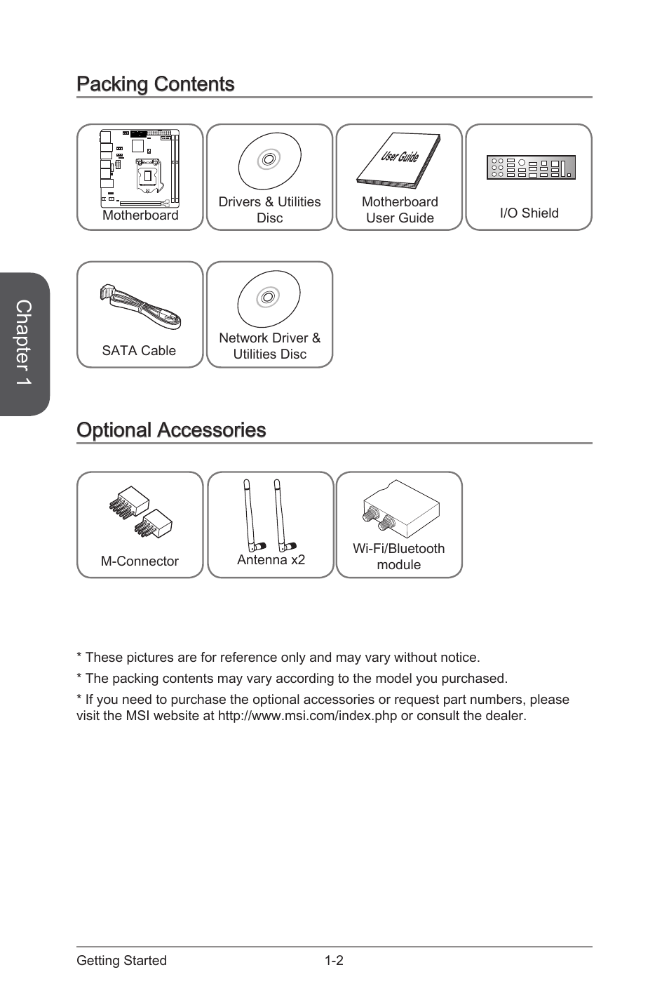 Packing contents -2 optional accessories -2, Chapter 1, Packing contents | Optional accessories | MSI Z97I GAMING AC User Manual | Page 16 / 104