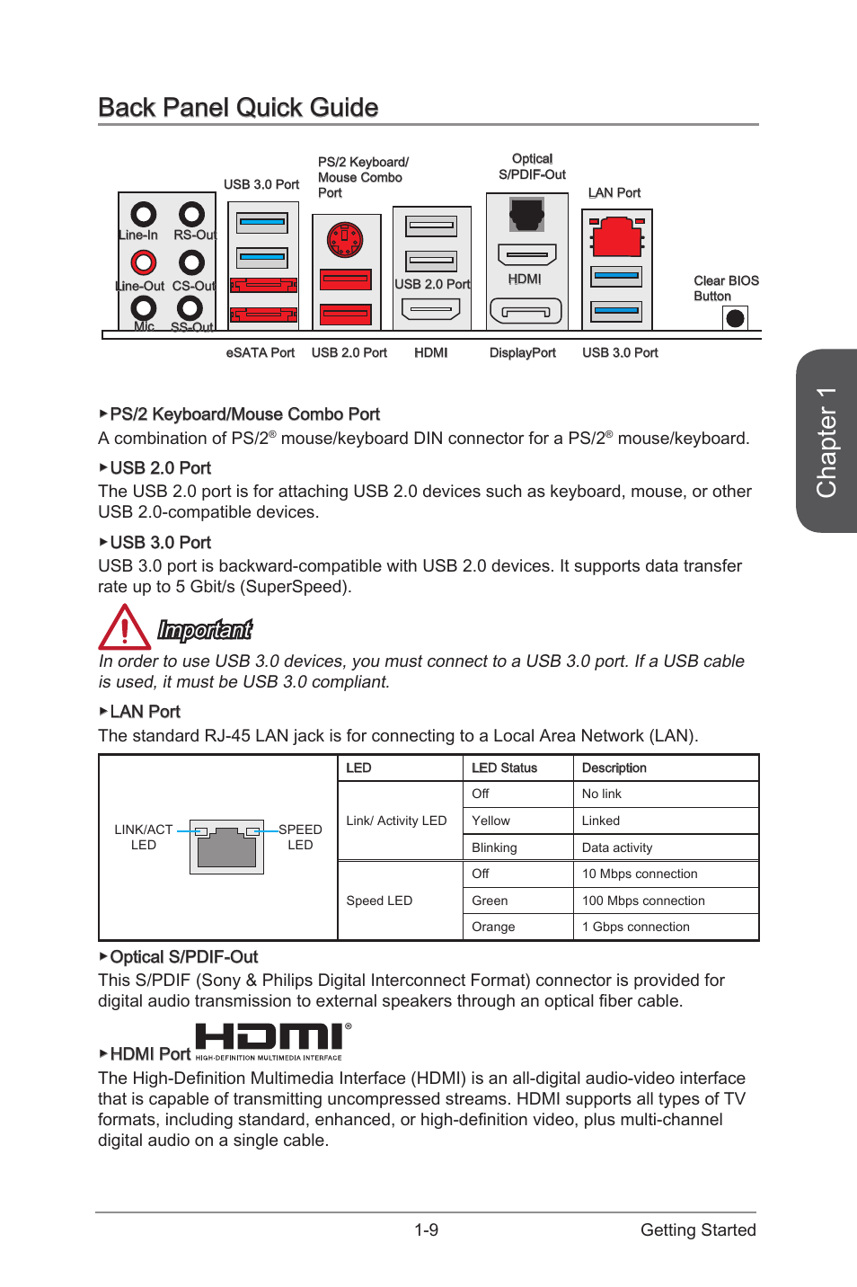 Back panel quick guide -9, Chapter 1, Back panel quick guide | Important | MSI Z97I GAMING AC User Manual | Page 23 / 104