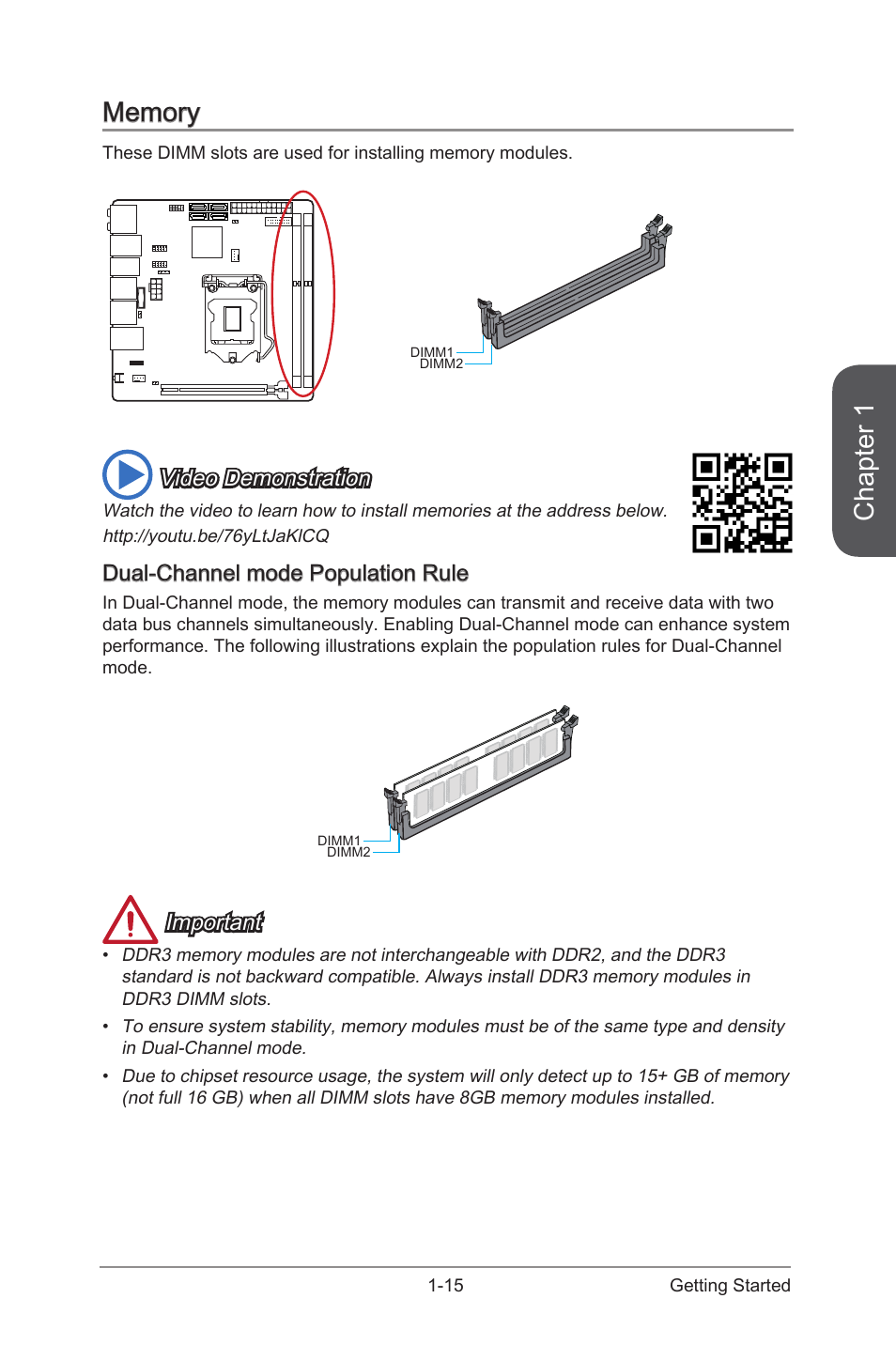 Memory -15, Dual-channel mode population rule -15, Chapter 1 | Video demonstration, Dual-channel mode population rule, Important | MSI Z97I GAMING AC User Manual | Page 29 / 104