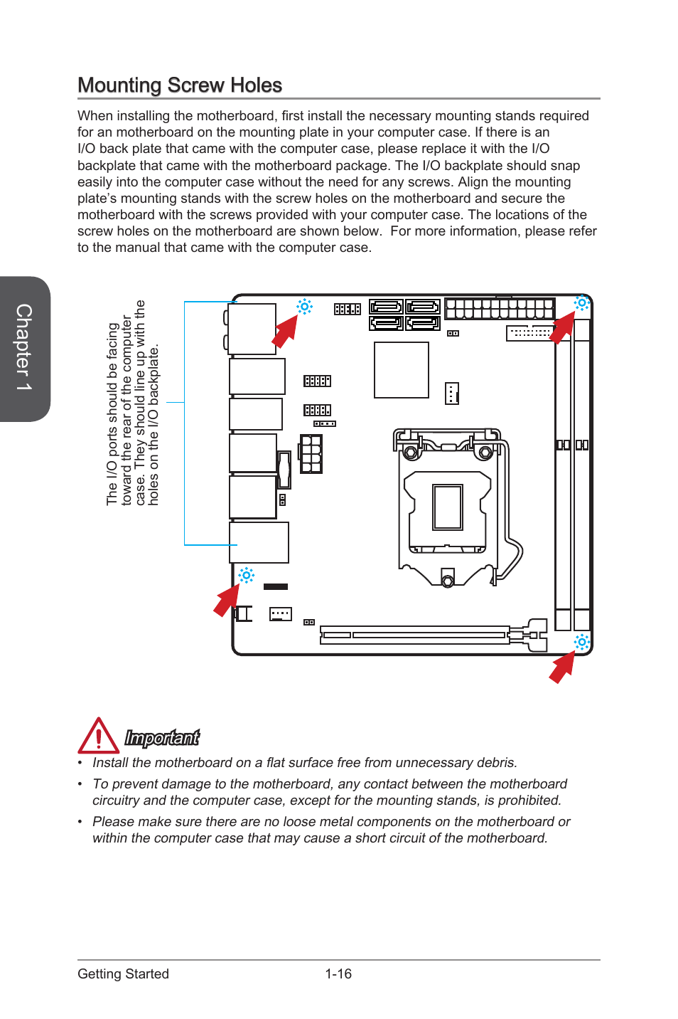 Mounting screw holes -16, Chapter 1, Mounting screw holes | Important | MSI Z97I GAMING AC User Manual | Page 30 / 104