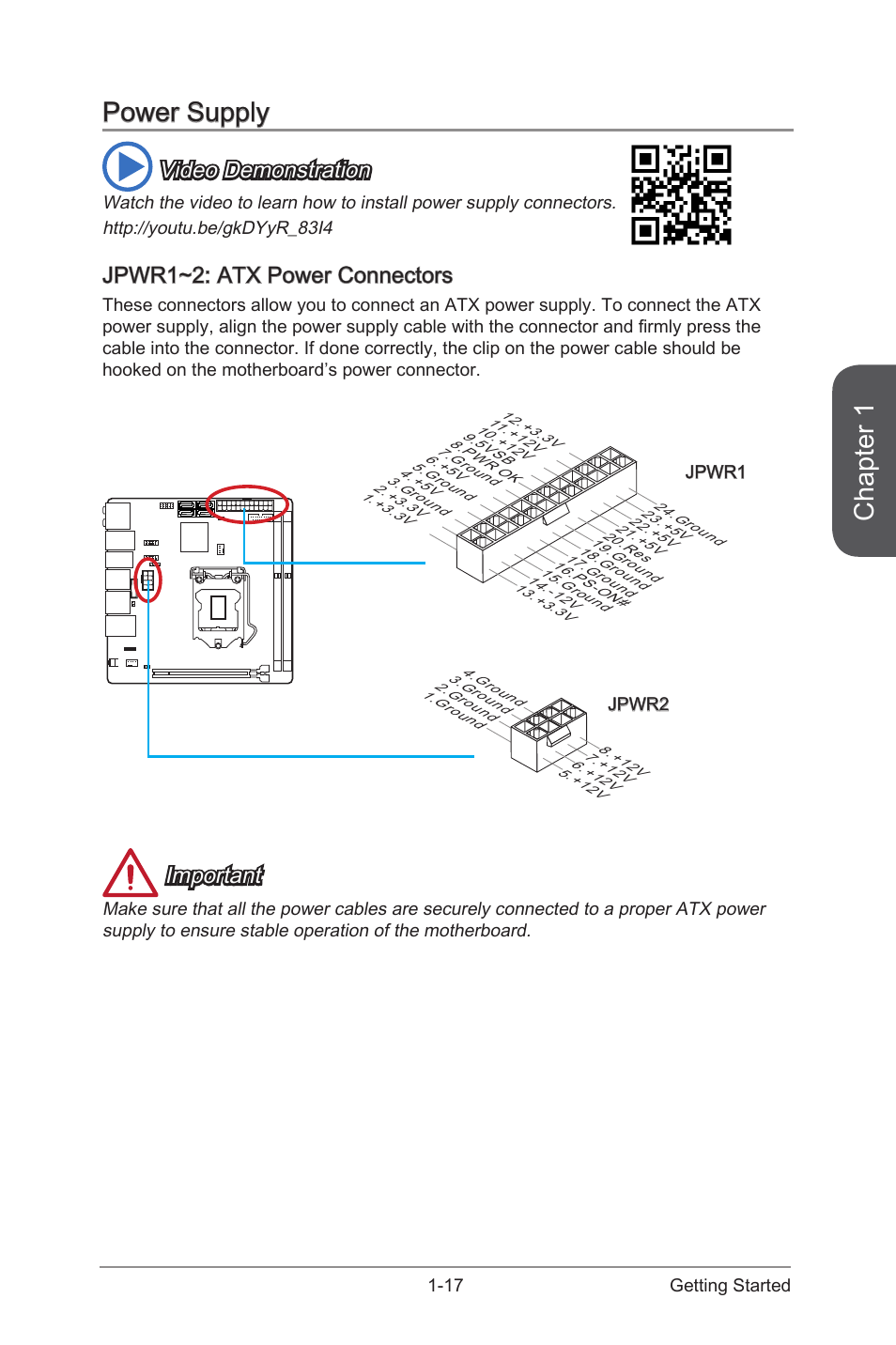 Power supply -17, Jpwr1~2: atx power connectors -17, Jpwr1~2 | Atx power connectors, Chapter 1, Power supply, Video demonstration, Jpwr1~2: atx power connectors, Important | MSI Z97I GAMING AC User Manual | Page 31 / 104