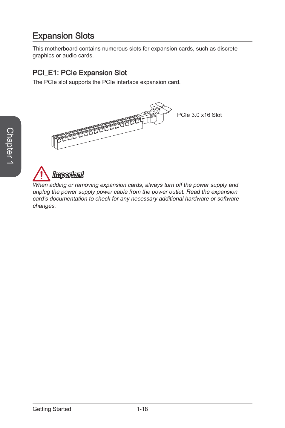 Expansion slots -18, Pci_e1: pcie expansion slot -18, Pci_e1 | Pcie expansion slot, Chapter 1, Expansion slots | MSI Z97I GAMING AC User Manual | Page 32 / 104