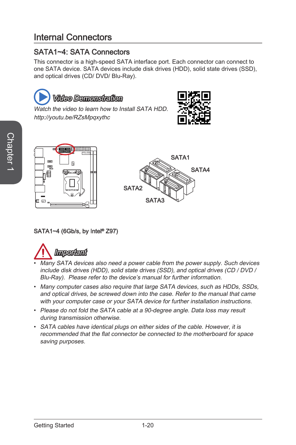 Internal connectors -20, Sata1~4: sata connectors -20, Sata1~4 | Sata connectors, Chapter 1, Internal connectors, Sata1~4: sata connectors, Video demonstration, Important | MSI Z97I GAMING AC User Manual | Page 34 / 104