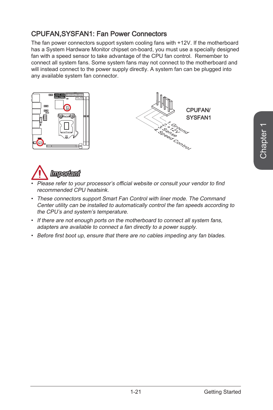 Cpufan,sysfan1: fan power connectors -21, Cpufan,sysfan1, Fan power connectors | Chapter 1, Cpufan,sysfan1: fan power connectors, Important | MSI Z97I GAMING AC User Manual | Page 35 / 104