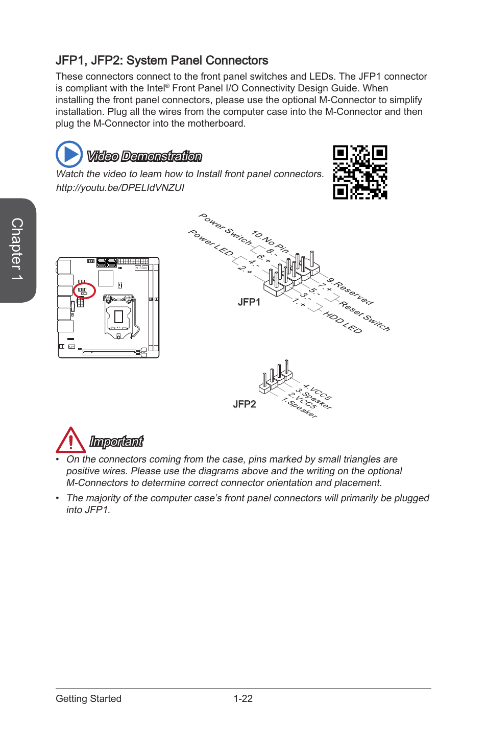 Jfp1, jfp2: system panel connectors -22, Jfp1, jfp2, System panel connectors | Chapter 1, Jfp1, jfp2: system panel connectors, Video demonstration, Important | MSI Z97I GAMING AC User Manual | Page 36 / 104