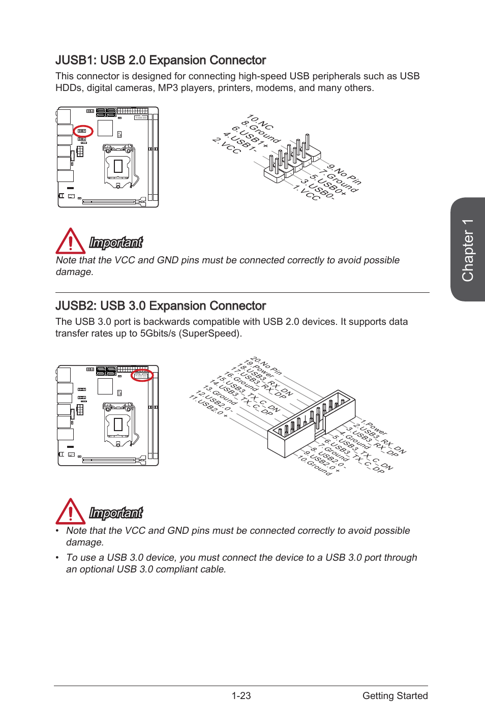 Jusb1, Usb 2.0 expansion connector, Jusb2 | Usb 3.0 expansion connector, Chapter 1, Jusb1: usb 2.0 expansion connector, Important, Jusb2: usb 3.0 expansion connector, 23 getting started | MSI Z97I GAMING AC User Manual | Page 37 / 104
