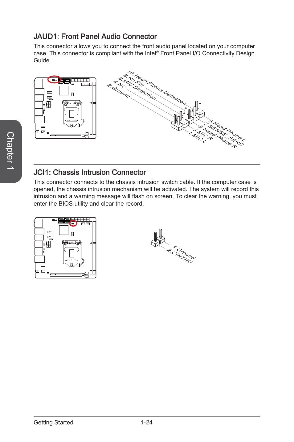 Jaud1, Front panel audio connector, Jci1 | Chassis intrusion connector, Chapter 1, Jaud1: front panel audio connector, Jci1: chassis intrusion connector | MSI Z97I GAMING AC User Manual | Page 38 / 104