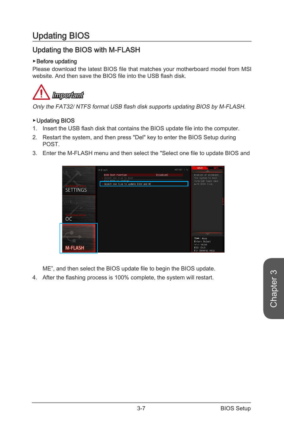 Updating bios -7, Updating the bios with m-flash -7, Chapter 3 | Updating bios, Updating the bios with m-flash, Important | MSI Z97I GAMING AC User Manual | Page 61 / 104