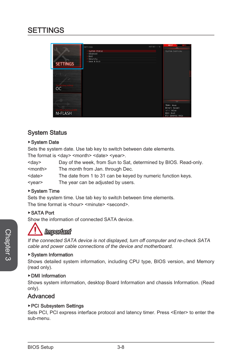 Settings -8, System status -8 advanced -8, Chapter 3 | Settings, System status, Important, Advanced | MSI Z97I GAMING AC User Manual | Page 62 / 104