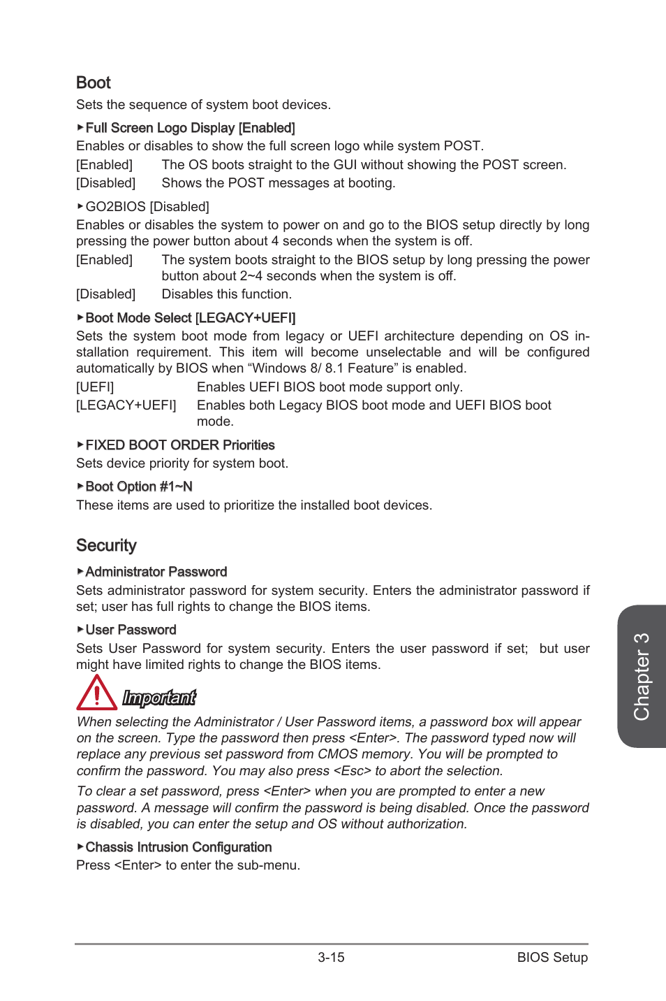 Boot -15 security -15, Chapter 3, Boot | Security, Important | MSI Z97I GAMING AC User Manual | Page 69 / 104