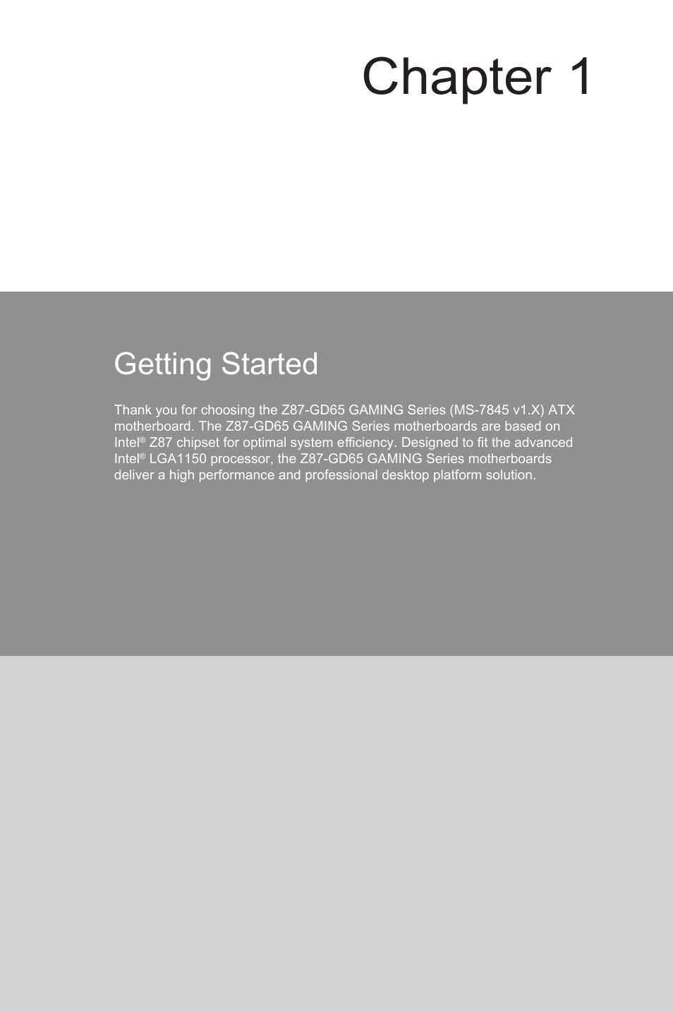 Getting started, Getting started -1, Chapter 1 | MSI Z87-GD65 GAMING User Manual | Page 15 / 116