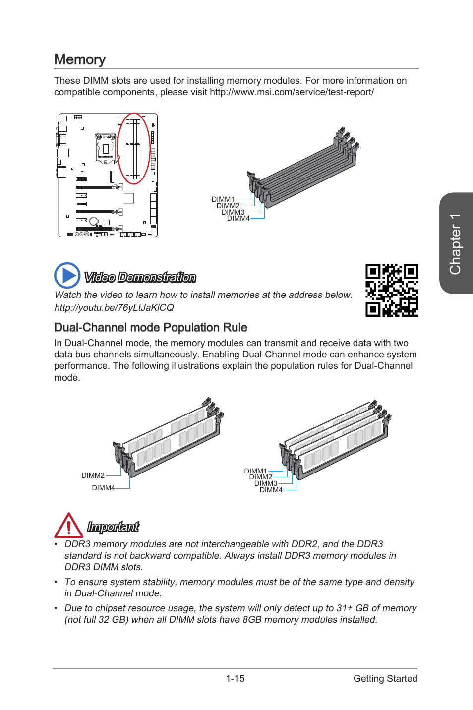 Memory, Dual-channel mode population rule, Memory -15 | Dual-channel mode population rule -15, Chapter 1, Video demonstration, Important | MSI Z87-GD65 GAMING User Manual | Page 29 / 116