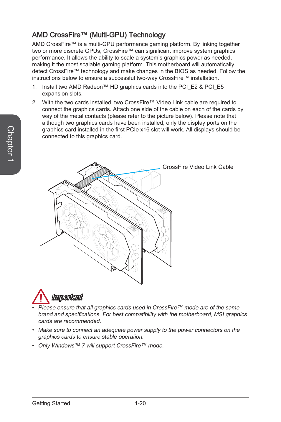 Amd crossfire™ (multi-gpu) technology, Amd crossfire™ (multi-gpu) technology -20, Chapter 1 | Important | MSI Z87-GD65 GAMING User Manual | Page 34 / 116