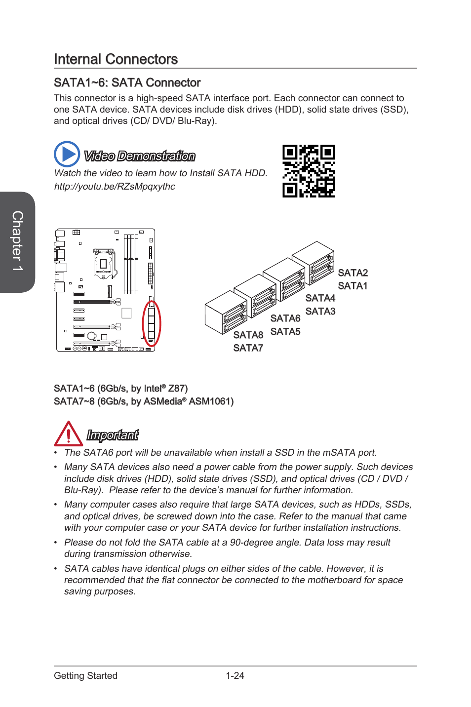 Internal connectors, Sata1~6: sata connector, Internal connectors -24 | Sata1~6: sata connector -24, Sata1~6, Sata connector, Chapter 1, Video demonstration, Important | MSI Z87-GD65 GAMING User Manual | Page 38 / 116