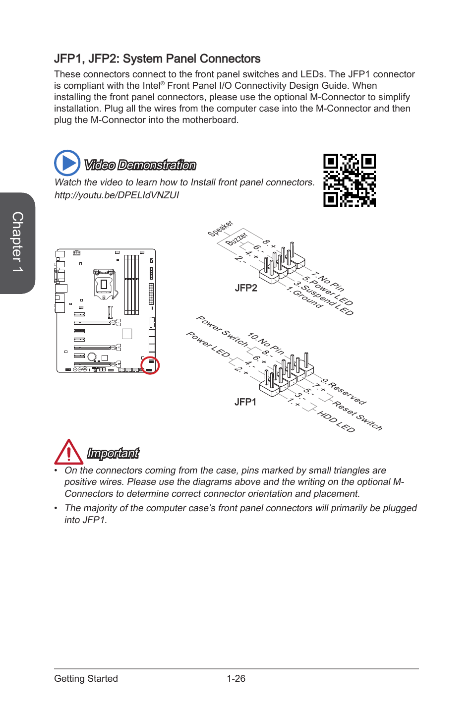 Jfp1, jfp2: system panel connectors, Jfp1, jfp2: system panel connectors -26, Jfp1, jfp2 | System panel connectors, Chapter 1, Video demonstration, Important | MSI Z87-GD65 GAMING User Manual | Page 40 / 116