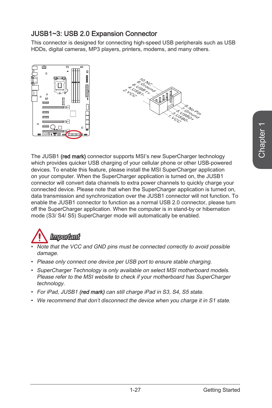 Jusb1~3: usb 2.0 expansion connector, Jusb1~3: usb 2.0 expansion connector -27, Jusb1~3 | Usb 2.0 expansion connector, Chapter 1, Important | MSI Z87-GD65 GAMING User Manual | Page 41 / 116