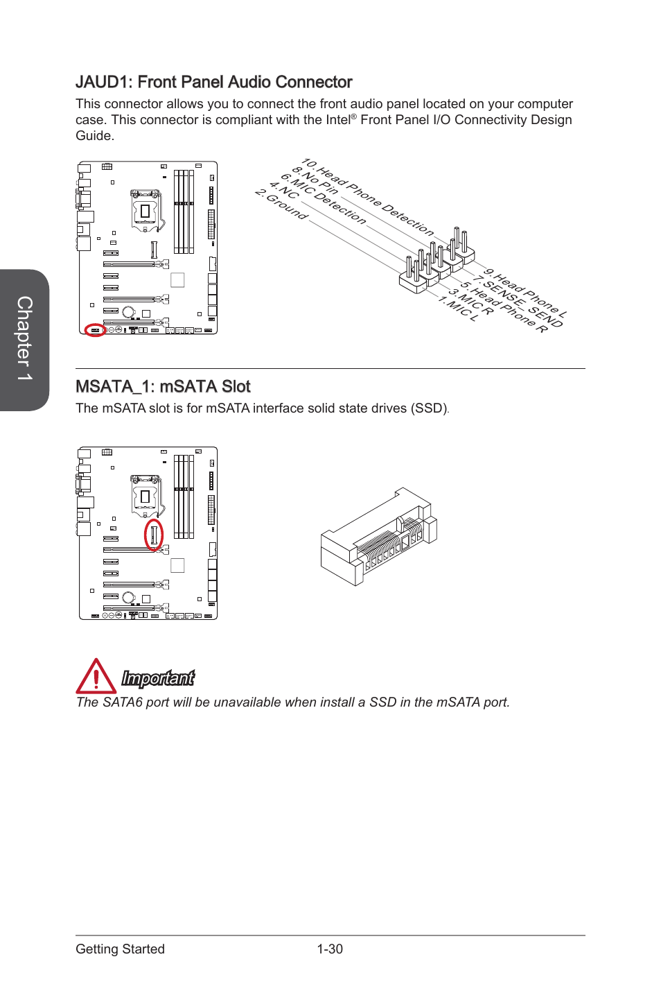 Jaud1: front panel audio connector, Jaud1: front panel audio connector -30, Jaud1 | Front panel audio connector, Msata_1, Msata slot, Chapter 1, Msata_1: msata slot, Important | MSI Z87-GD65 GAMING User Manual | Page 44 / 116