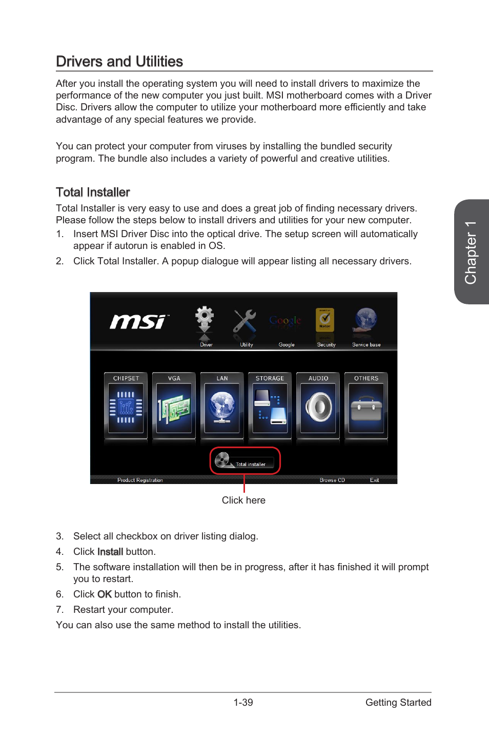 Drivers and utilities, Total installer, Drivers and utilities -39 | Total installer -39, Chapter 1 | MSI Z87-GD65 GAMING User Manual | Page 53 / 116