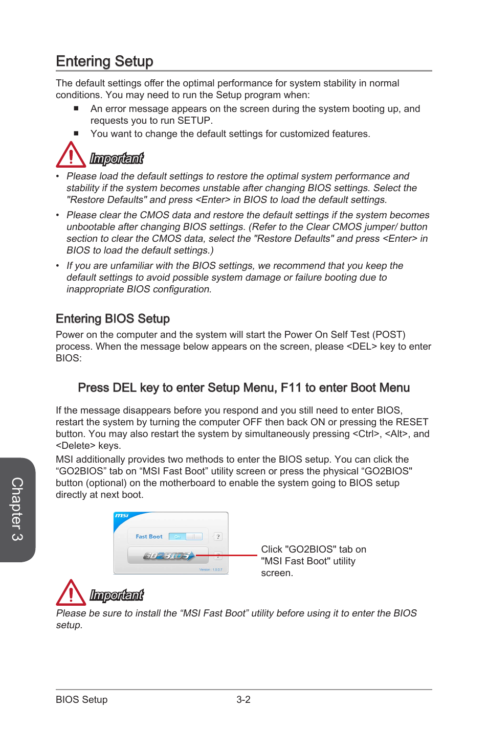 Entering setup, Entering bios setup, Entering setup -2 | Entering bios setup -2, Chapter 3, Important | MSI Z87-GD65 GAMING User Manual | Page 70 / 116