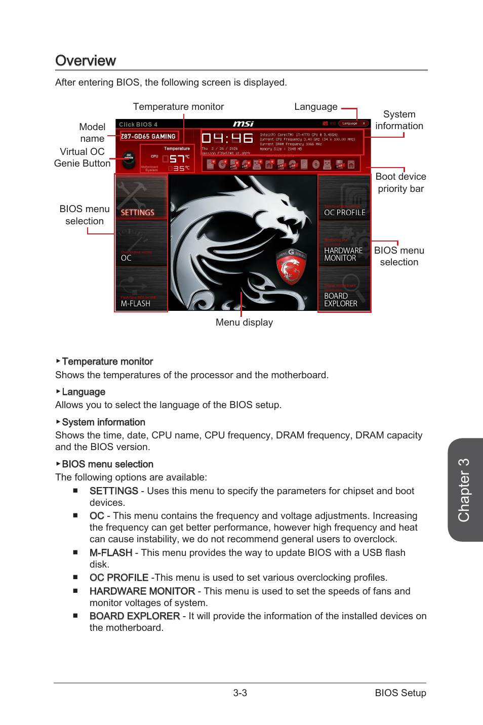 Overview, Overview -3, Chapter 3 | MSI Z87-GD65 GAMING User Manual | Page 71 / 116