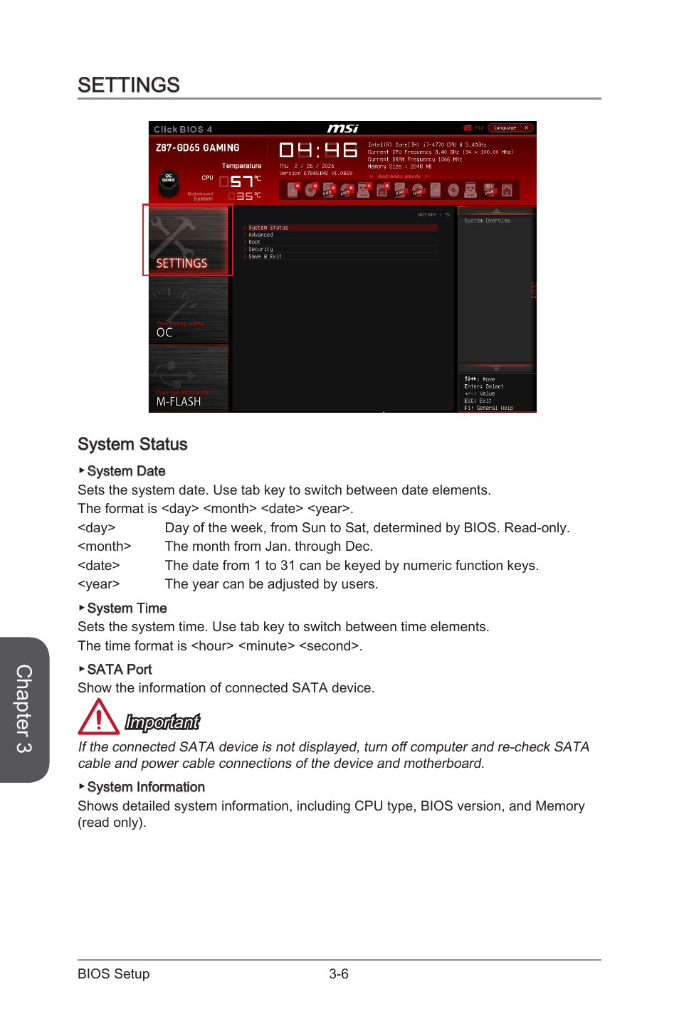 Settings, System status, Settings -6 | System status -6, Chapter 3, Important | MSI Z87-GD65 GAMING User Manual | Page 74 / 116