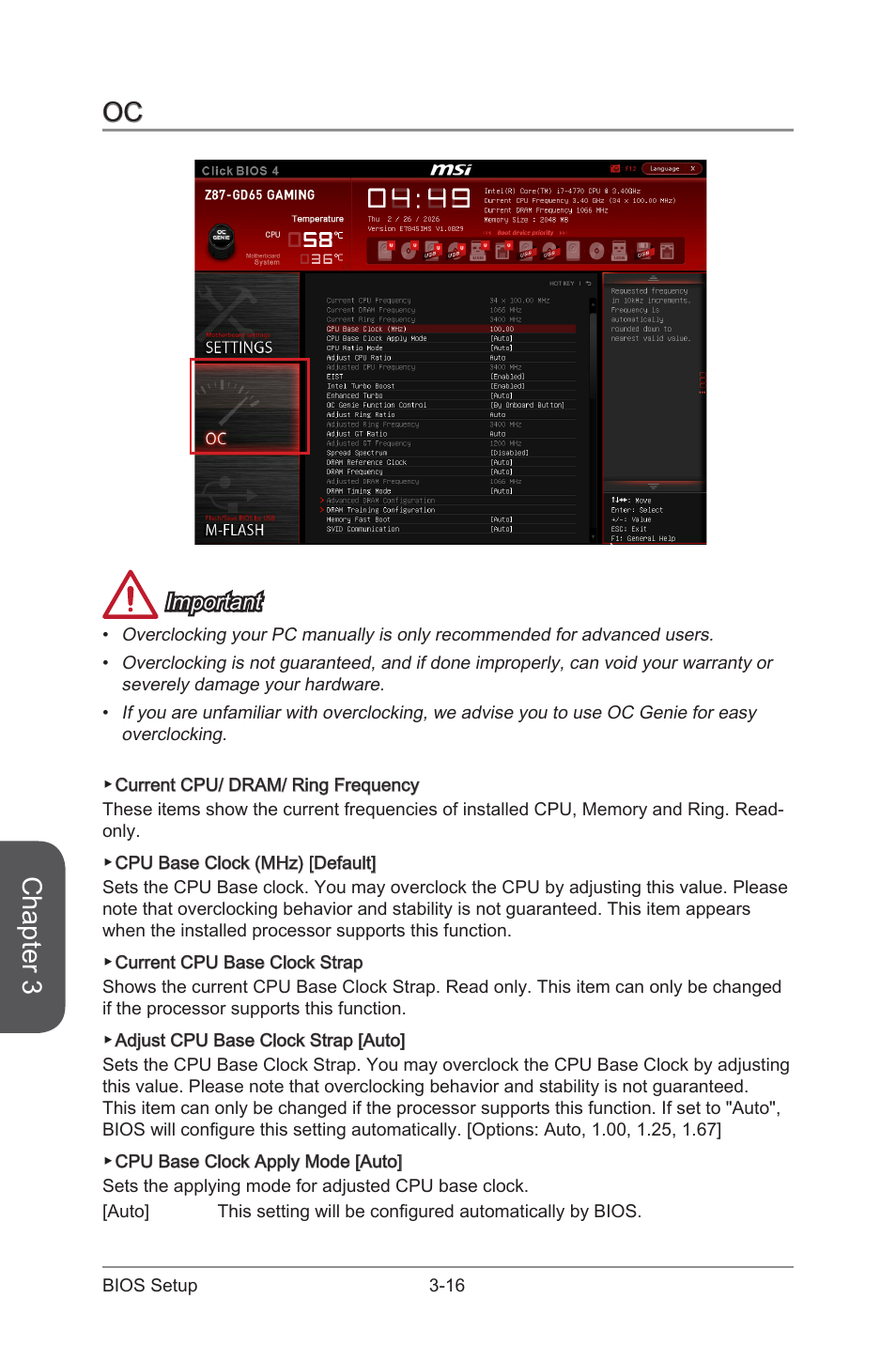 Oc -16, Chapter 3, Important | MSI Z87-GD65 GAMING User Manual | Page 84 / 116