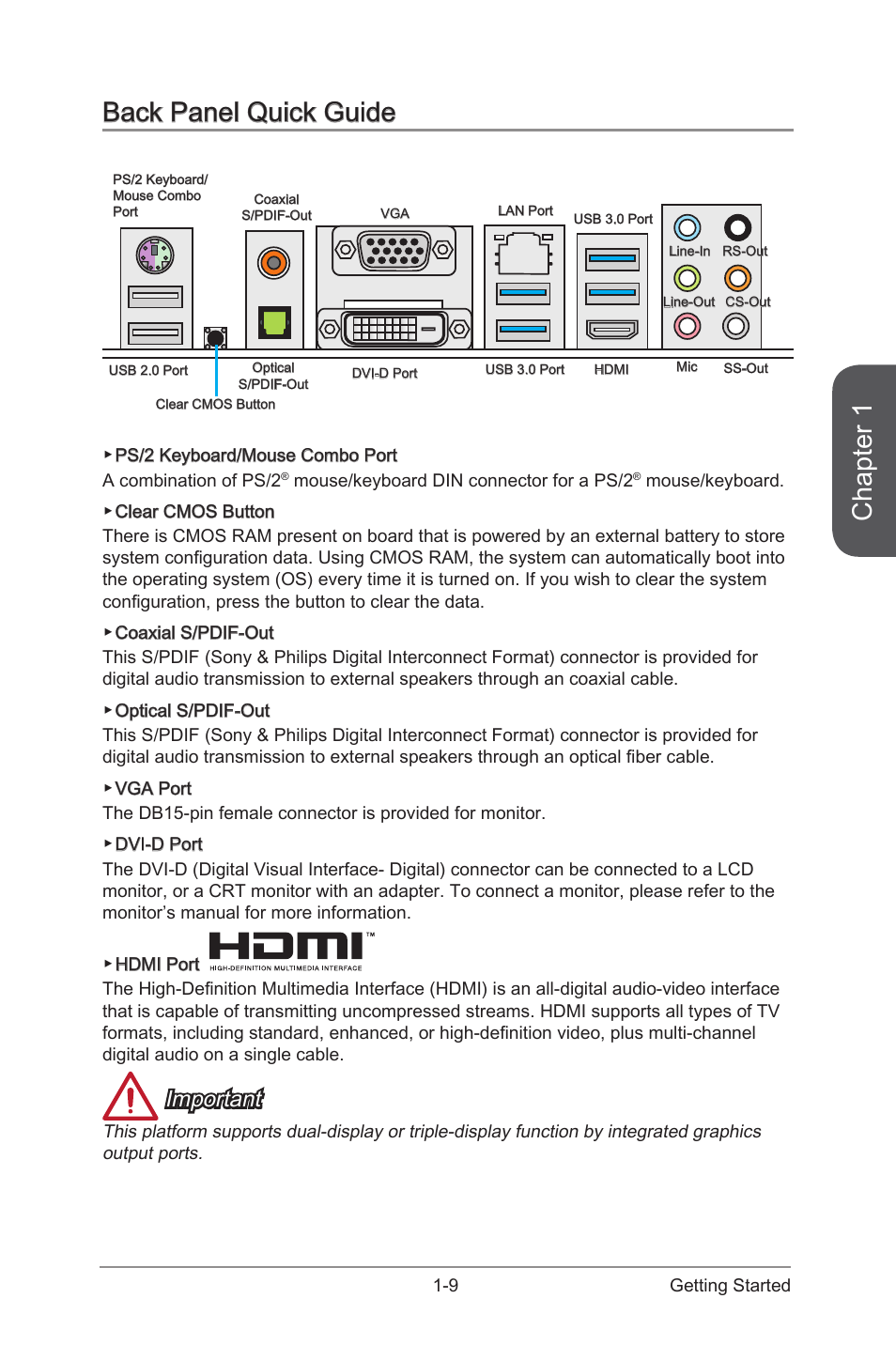 Back panel quick guide, Back panel quick guide -9, Chapter 1 | Important | MSI Z87-G45 GAMING User Manual | Page 23 / 112