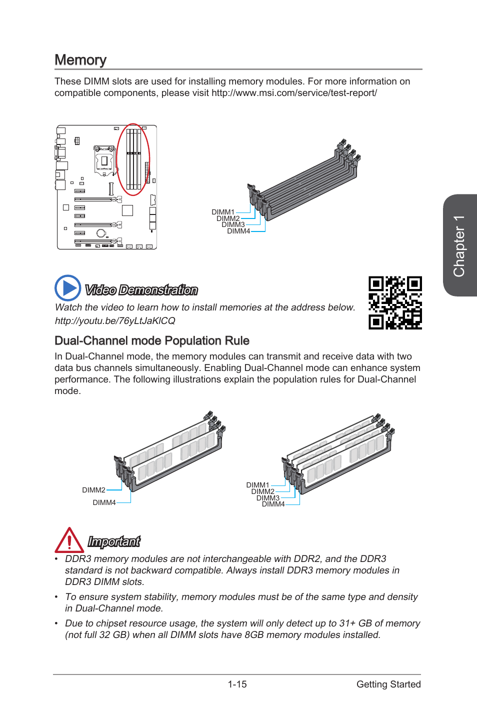 Memory, Dual-channel mode population rule, Memory -15 | Dual-channel mode population rule -15, Chapter 1, Video demonstration, Important | MSI Z87-G45 GAMING User Manual | Page 29 / 112