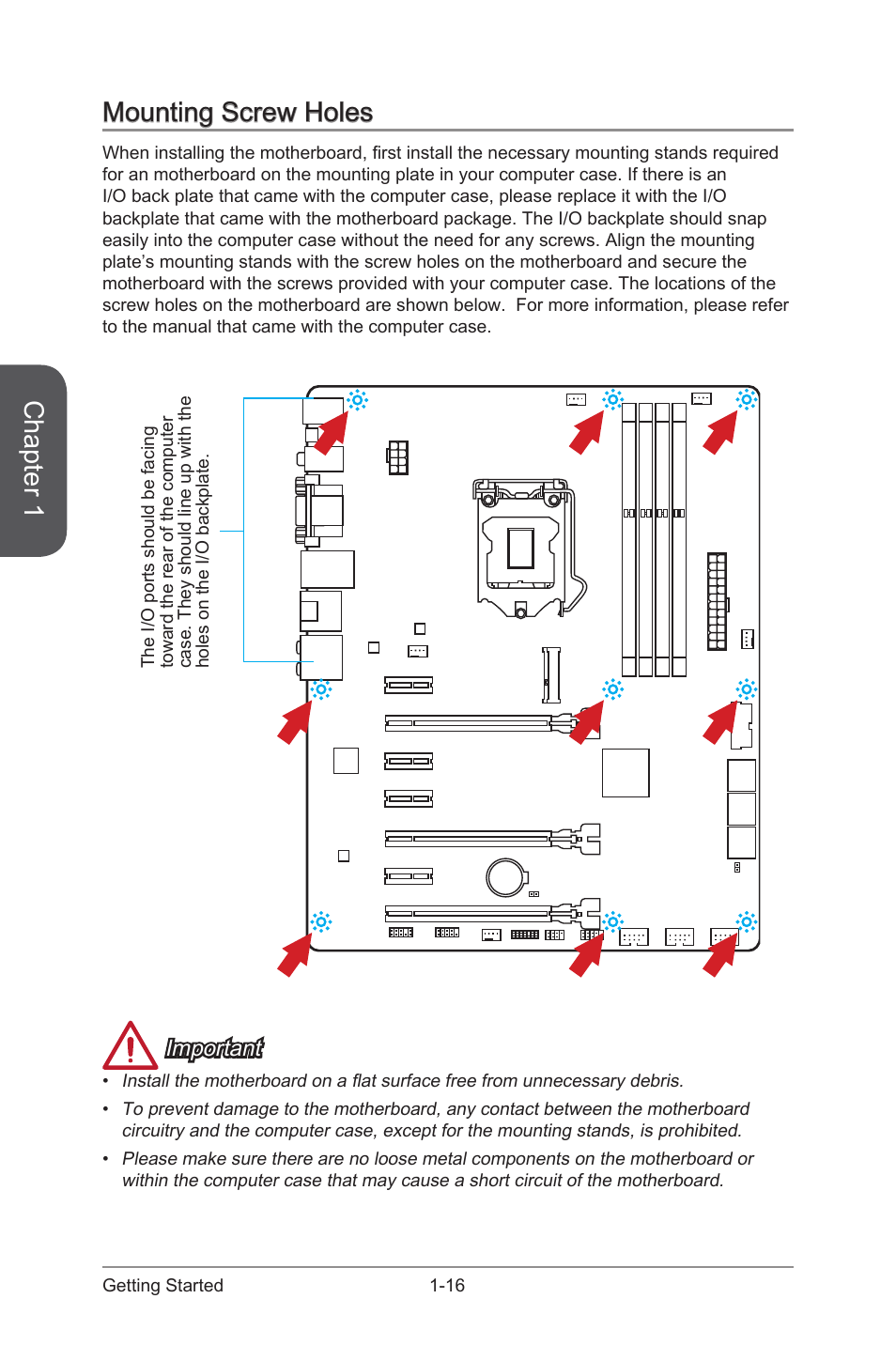 Mounting screw holes, Mounting screw holes -16, Chapter 1 | Important | MSI Z87-G45 GAMING User Manual | Page 30 / 112