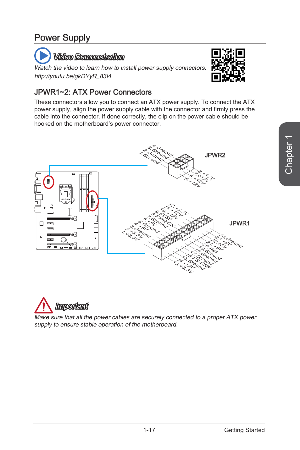 Power supply, Jpwr1~2: atx power connectors, Power supply -17 | Jpwr1~2: atx power connectors -17, Jpwr1~2, Atx power connectors, Chapter 1, Video demonstration, Important | MSI Z87-G45 GAMING User Manual | Page 31 / 112