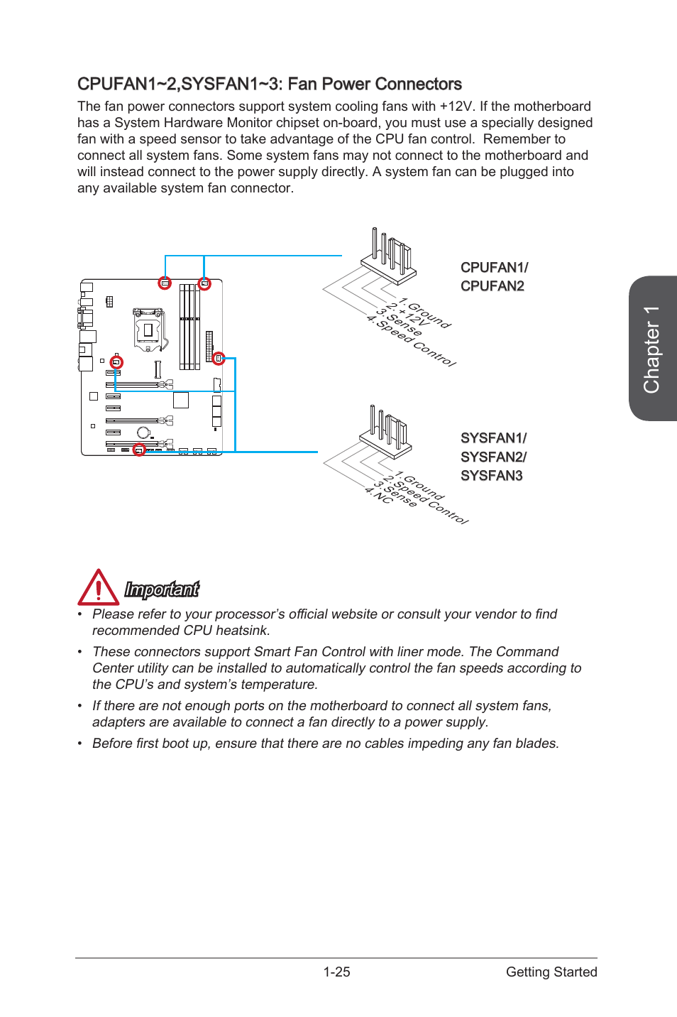 Cpufan1~2,sysfan1~3: fan power connectors, Cpufan1~2,sysfan1~3: fan power connectors -25, Cpufan1~2,sysfan1~3 fan power connectors | Chapter 1, Important | MSI Z87-G45 GAMING User Manual | Page 39 / 112