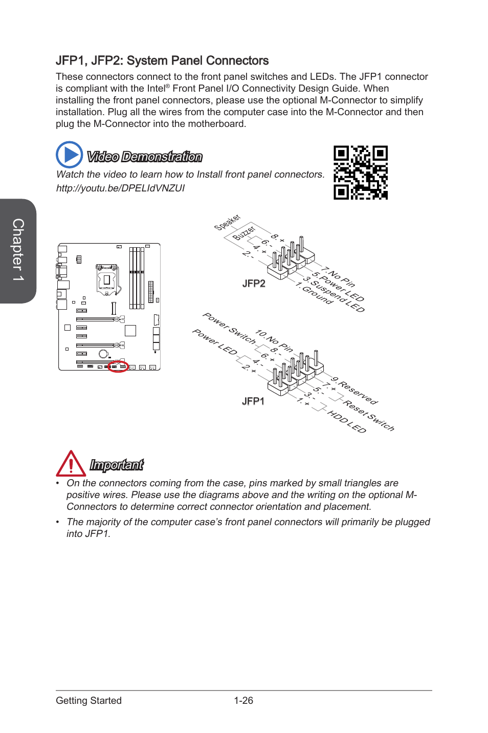 Jfp1, jfp2: system panel connectors, Jfp1, jfp2: system panel connectors -26, Jfp1, jfp2 | System panel connectors, Chapter 1, Video demonstration, Important | MSI Z87-G45 GAMING User Manual | Page 40 / 112
